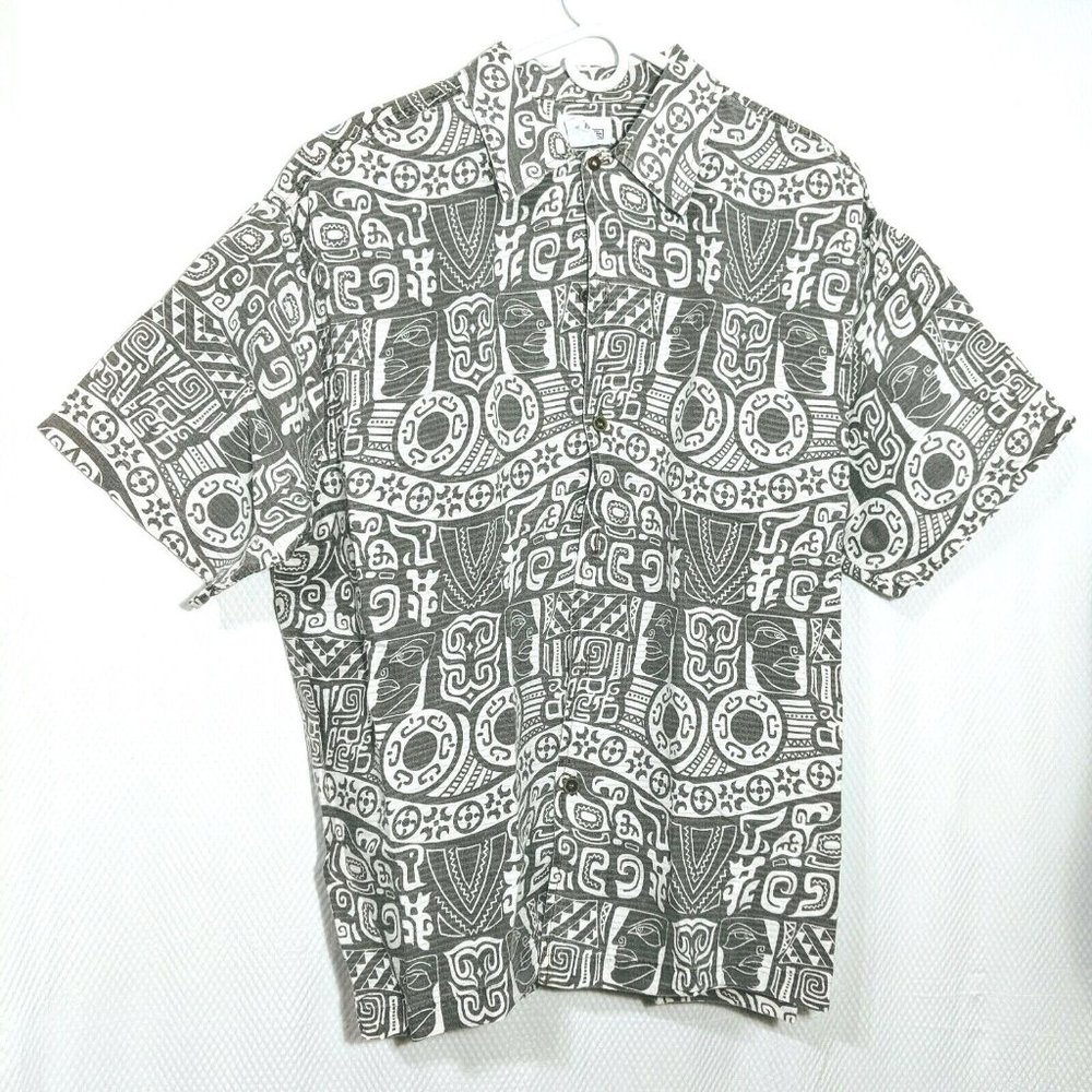Mens Short Sleeve Shirt LG 100% Cotton Arizona Jean Co Gray White Aztec Tribal